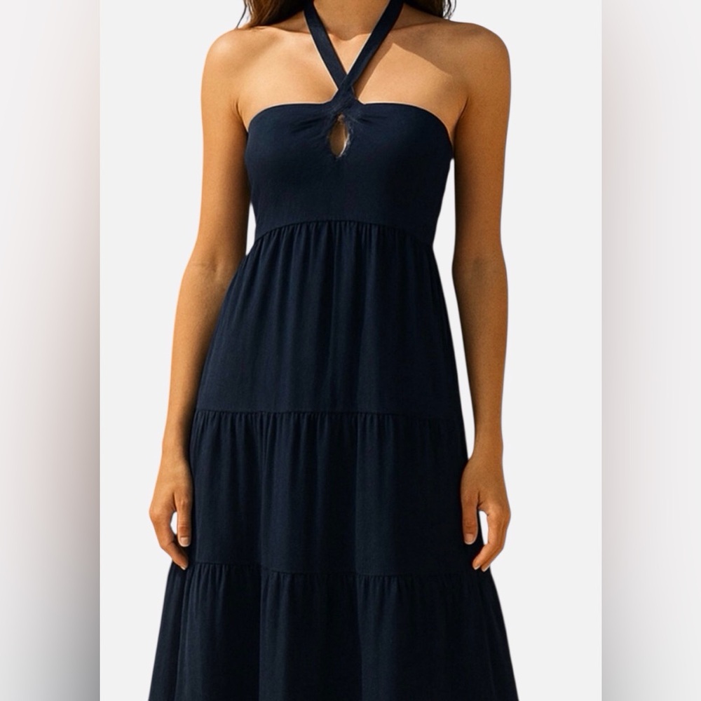 Kenny Flowers Navy Boho Maxi Dress S Tiered Halter Bandeau Smocked Coastal